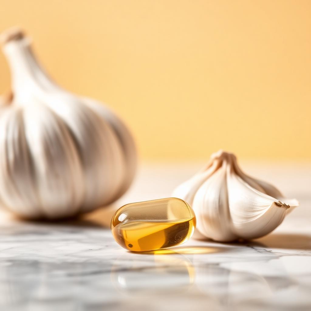 Aged garlic capsule next to fresh garlic