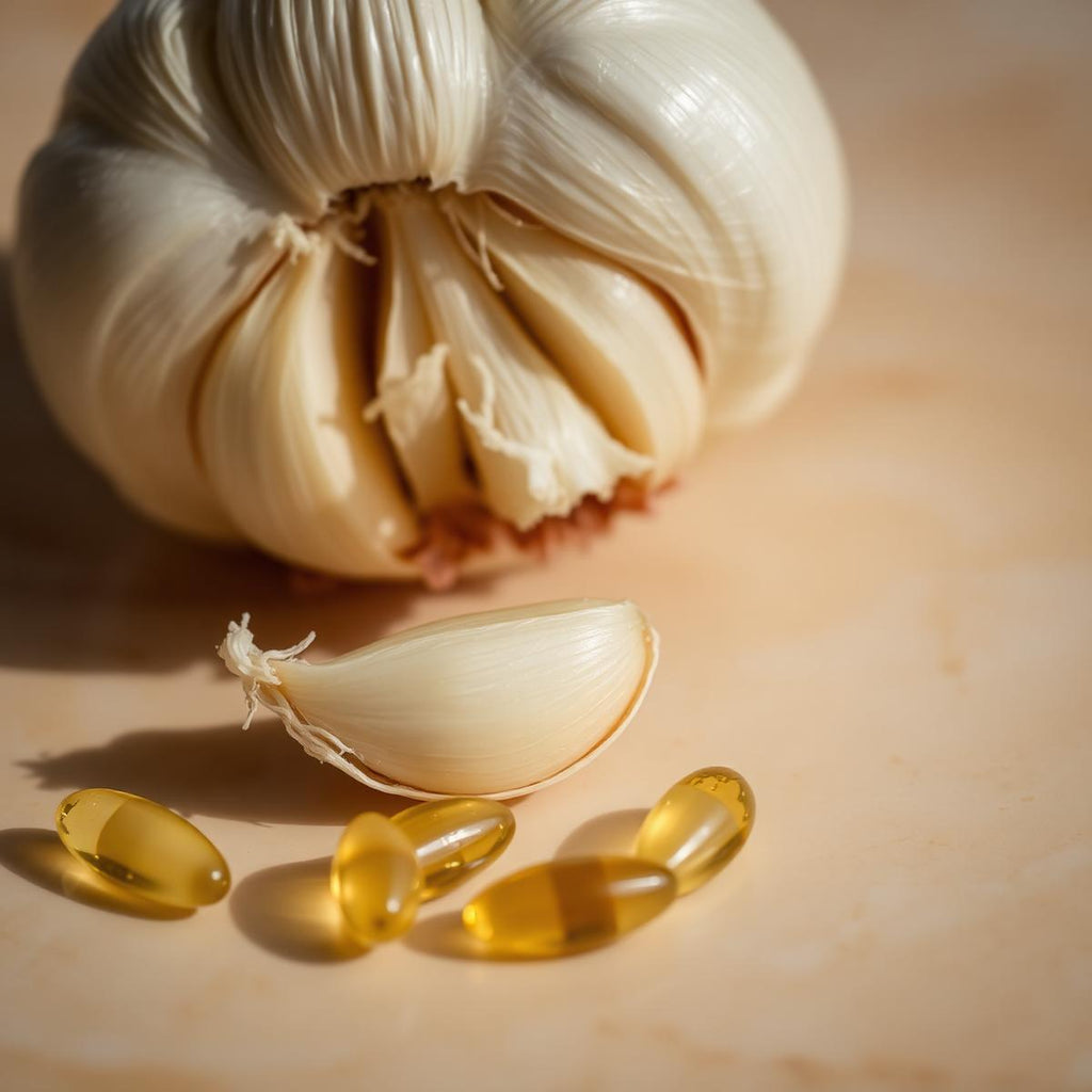 Garlic and softgel capsules close-up